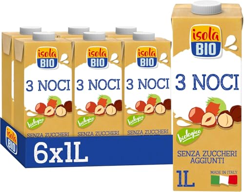 ISOLA BIO 3 Noci, Bevanda Biologica a Base di Mandorla, Nocciola e Noce di Macadamia, Senza Zuccheri Aggiunti, a Basso Contenuto di Grassi, adatta a Vegetariani e Vegani, 6 Confezioni da 1 L