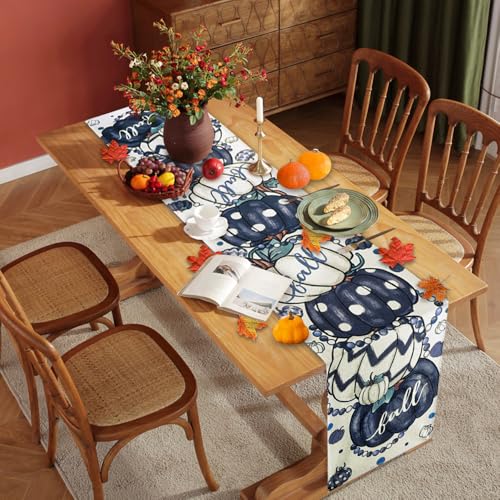 Fall-Table-Runner-Thanksgiving-Blue-Pumpkin-Polka-Dot-Tabletop-Runner-Autumn-Harvest-Seasonal-Holiday-Table-Decoration-for-Farmhouse-Kitchen-Dinning-Indoor-Home-Party-Decor-13x72in Fall Table Runner Thanksgiving Blue Pumpkin Polka Dot Tabletop Runner Autumn Harvest Seasonal Holiday Table Decoration for Farmhouse Kitchen Dinning Indoor Home Party Decor 13x72in