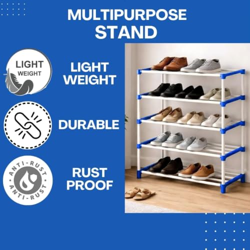 Image of 5 Tier Shoe Rack with Shelf, Thick Strong Pipes for Heavy Load Multipurpose Organizer Rack Shoe, Cloth & Book Storage Shelf for Home, Balcony, Living Room & Workspace