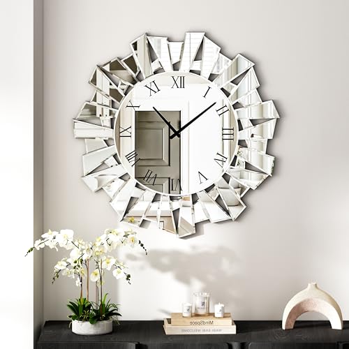 SHYFOY Silver Wall Clock 24 Large Modern Mirror Clock