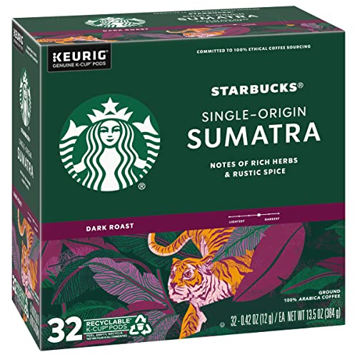 Image of Starbucks Coffee K-Cup Pods, Sumatra Single-Origin Coffee, Dark Roast Ground Coffee, Keurig Genuine K-Cup Pods, 32 Count (Pack of 4)