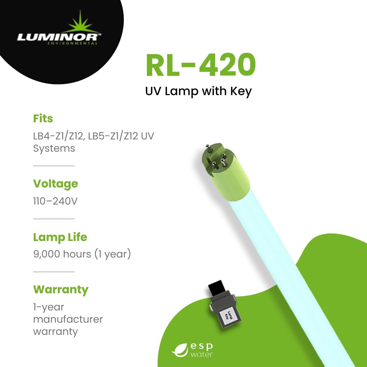 Luminor RL-420 UV Replacement Lamp for Rack Mounted LB4-Z1, LB4-Z12, LB5-Z1, and LB5-Z12 Model UV Water Filter Systems, Genuine OEM Replacement Bulb