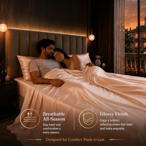 Image of Cloth Fusion Flat Satin Bedsheet Super King Size 108x108 inch | Peach, 2 Pillow Covers, 300 TC, Glossy Finish, Smooth on Hair and Skin, Gift for Couples, Wedding & Anniversary
