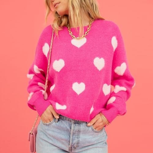 Image of Women's Valentine Love Print Heart Fun Sweater Casual Crewneck Long Sleeve Knit Sweatshirts Pullover Tops