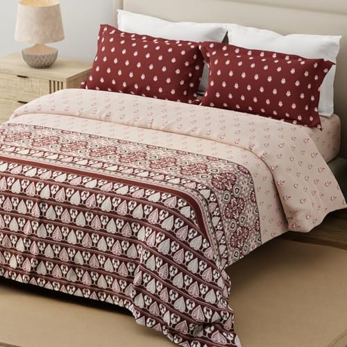Image of Layers 100% Cotton for King Size Bed | 120 TC Ethnic Print, Soft, Breathable, Machine Washable Bedsheet with 2 Pillow Covers | Forever Collection (274 x 274 cm) - Red & White