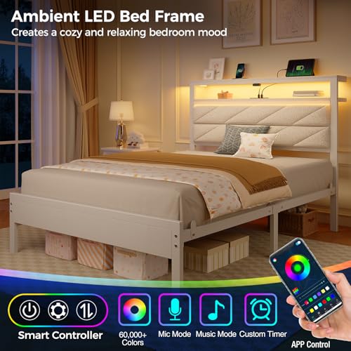 Image of Seventable Bed Frame Twin Size with Charging Station, LED Bed with Upholstered Storage Headboard, Metal Platform Bed with Under Bed Storage, No Box Spring Needed, Noise Free, Easy Assembly, White