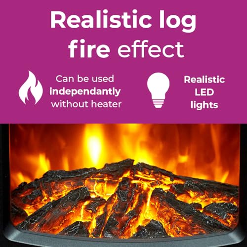 Neo 1000W / 2000W Freestanding Electric Fire Stove Heater Burner Realistic Flame And Log Store (Black) - 4