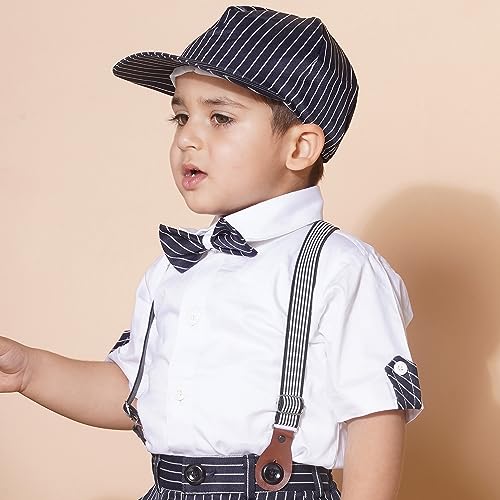 Image of AJ DEZINES Kids Cotton Printed Shirt Shorts Set For Boys With Cap and Suspender