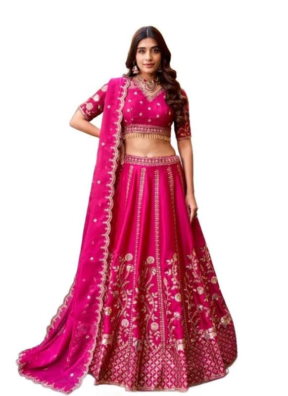 Women Deep Pink Satin Georgette Zari Sequence Embroidary Work Lehenga Choli-image-29