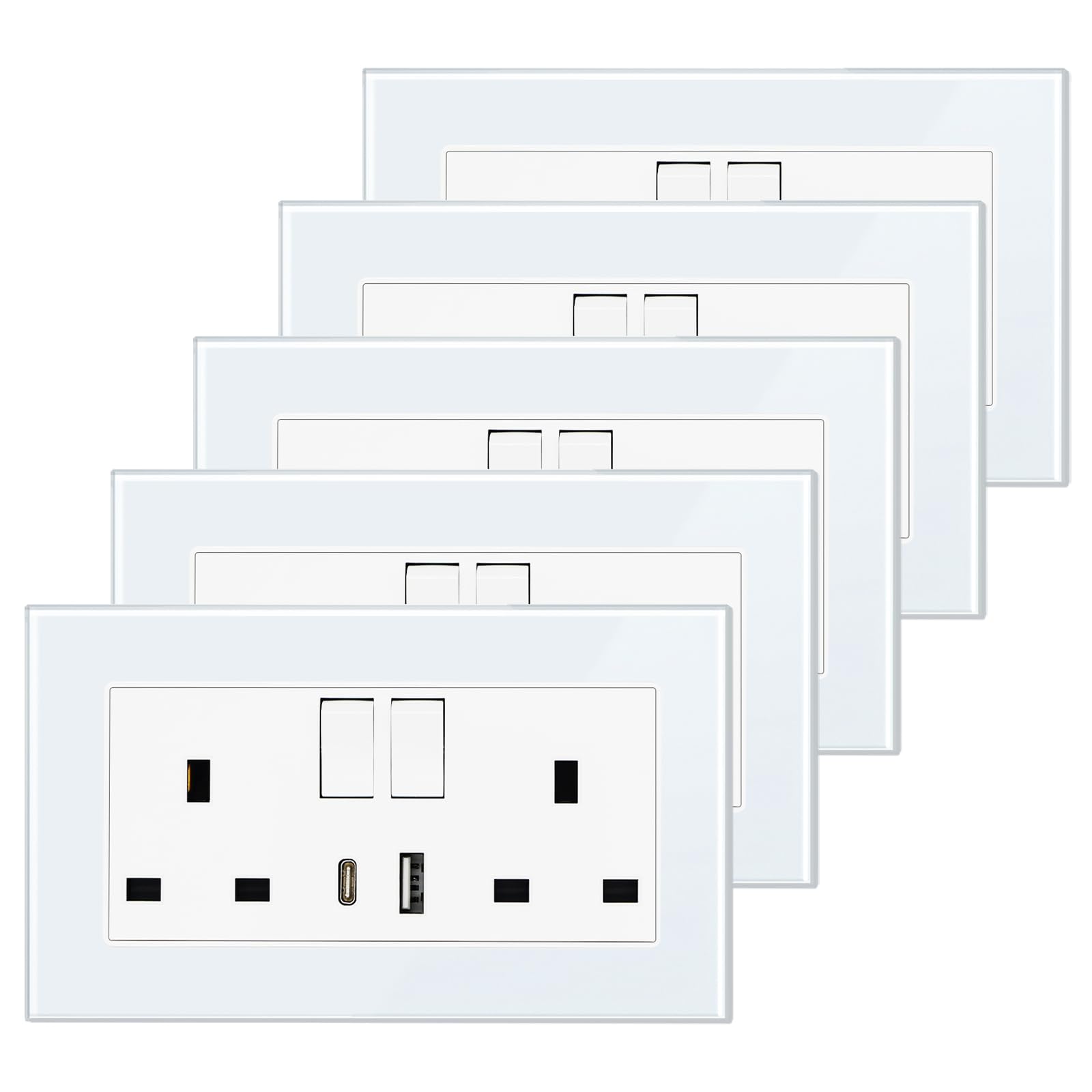 BSEED Double Switched Sockets with USB C and USB A Charging Ports, UK Standard Electric Power Sockets with Glass Panel, 2 Gang 13A Wall Socket, White, 5 Pack — image 1