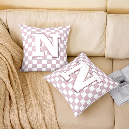 Image of Erosebridal Pink Initial N Throw Pillow Covers 18x18 Set of 2 Kawaii Plaid Checkered Cushion Cover Cute Personalized Monogram Throw Pillow Case for Bed Couch Sofa Fashion Grids Gingham Home Decor
