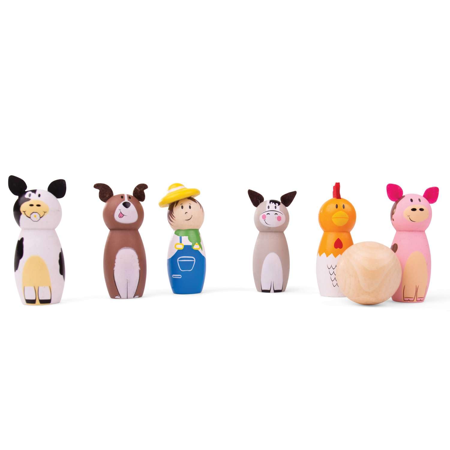 Bigjigs Toys Farm Wooden Skittles - Wooden Skittles for Toddlers with 6 Animal Skittles & 1 Bowling Ball, Educational Toy & Gifts for Kids aged 2 years +