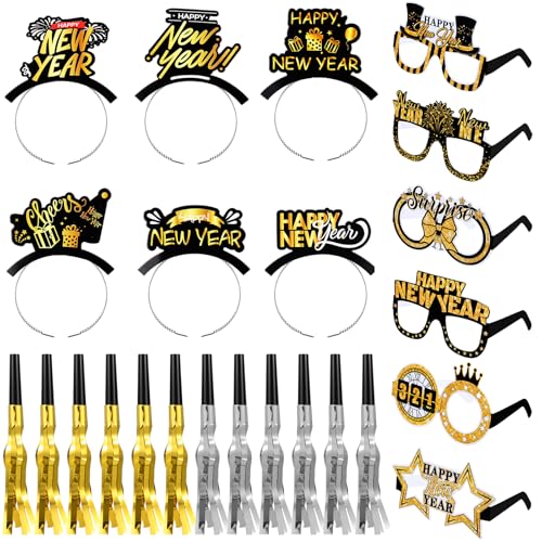 Crowye 24 Pcs New Years Eve Party Supply 2025, Include 6 Happy New Year Headband 6 Eyeglasses and 12 Metallic Fringed Noise Makers(Cute)