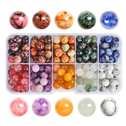 SOSMAR 200 perles rondes en pierres naturelles 8mm -howlite blanche, quartz fraise, agate crazy lace - pour bracelets, colliers et bijoux de bricolage...