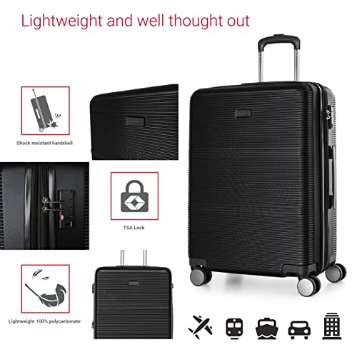 Bugatti Brussels Collection 3 Piece Hard Shell Luggage Set, Expandable Suitcases With 360-Degree Spinner Wheels, Retractable Handle, 20 Inch Carry On, 24 Inch Mid-Size, 28 Inch Large Bags, Black #TOP1