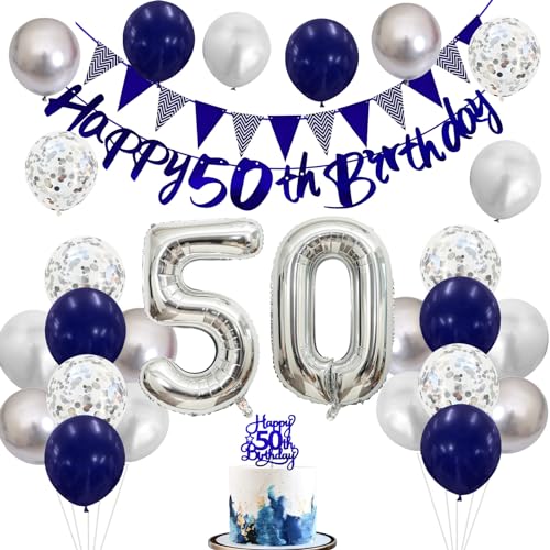 Image of 50th Birthday Decorations for Men Women, Blue Silver 50th Birthday Balloons, Blue Happy 50th Banner Cake Topper Number 50 Balloon for 50 Year Old Party Decoration