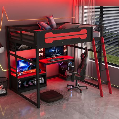 OYUMOENTS Full Size Gaming Loft Bed with Desk and LED Lights, Wood Loft Bed with Storage Shelves & USB Ports, Full Size Loft Beds Frame for Adults