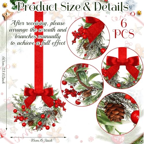 Image of Dingion 6 Pcs 6 inch Christmas in July Mini Cabinet Wreaths for Kitchen with Ribbon Bows Red Berry Small Window Wreath for Window Door Farmhouse Christmas Party Decorations