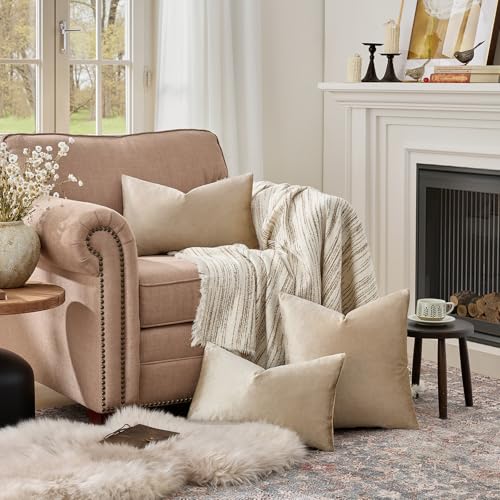 Image of GIGIZAZA Khaki Taupe Velvet Decorative Throw Pillow Covers for Sofa Bed 2 Pack Soft Cushion Cover (Khaki, 12 x 20- Set of 2)