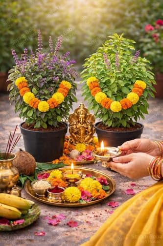 Image of Tulsi Ayurvedic Live Plant, Rama and Shyama Tulsi, Small Size pack Of 2 Combo, Garden And Pooja Plant, Varieties with Planting Pots, Small Size pack Of 2 Combo
