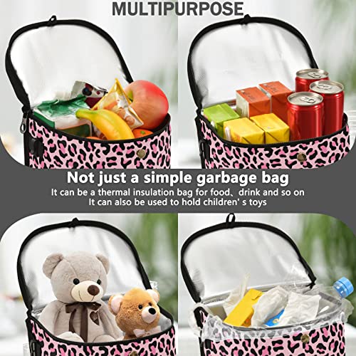 Image of Leopard Print Car Trash Can Pink Animal Skin Car Garbage Bag with Lid Hanging Waterproof Leak Proof Vehicle Storage Bin