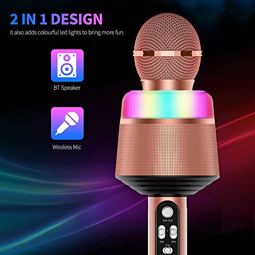 Kiboule Microfone de karaokê sem fio com luzes LED 2 em 1 portátil BT microfone alto-falante suporte
