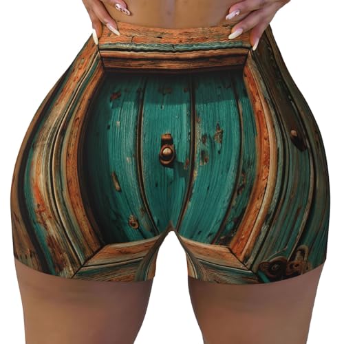 ERSDWRE Pantalones cortos de motociclista atléticos rústicos con estampado de puerta de madera envejecida para mujer, pantalones cortos de entrenamiento, informales, correr, gimnasio, yoga, pantalones