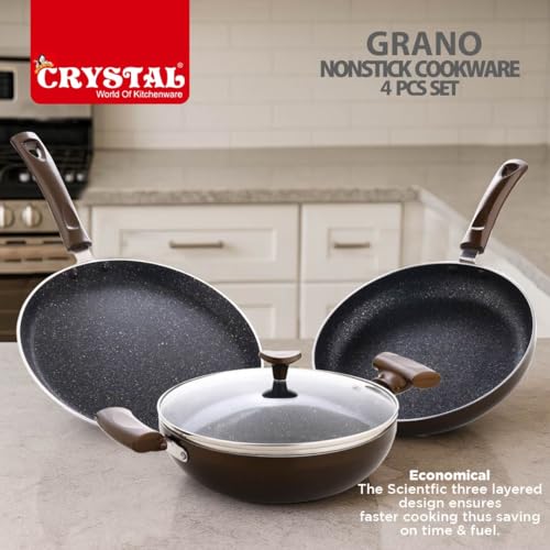 Image of Crystal Vivid Series Induction Base Non Stick Cookware Set- 4 Pcs | Tawa 250 mm + Fry Pan 240 mm + Kadai 240 mm + Glass Lid 240 mm | 3 mm Thickness | Metal Spoon Friendly