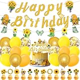 Sunflower Birthday Party Decorations, Sunflower Bunting Banner with Glitter Butterfly Sun Flower Happy Birthday Banner Balloons for Wedding Engagement Bridal Baby Shower Anniversary Graduation Party