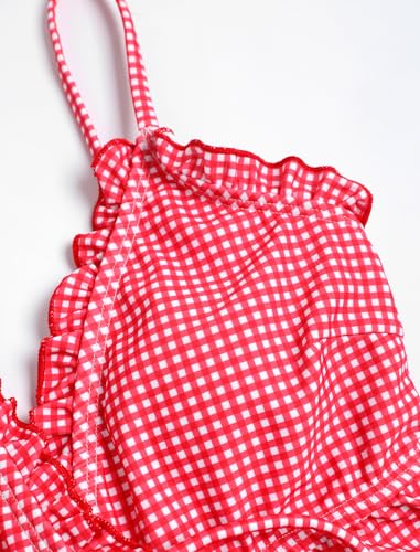 Image of ZAFUL Women's V Neck Textured Knot Tie Ruffle Trim Tankini Swimsuits | Back Self Tie, Sexy Plunging Neck, Relaxed Tummy Control Tank Top, Tie Side Cheeky Bikini Bottom, 2 Piece Bathing Suit