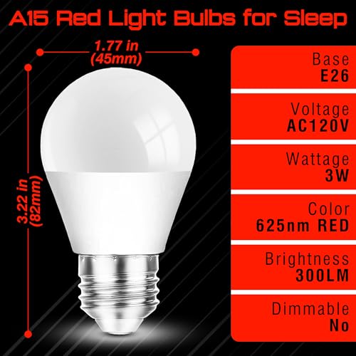 Image of Red Light Bulbs for Sleep, 100% Blue Light Blocking,A15 3W Red Night Light | Red LED Bulbs 25w-40w Equivalent, E26 Base for Bedroom Sleep,Baby Nursery,Porch,Holiday Christmas Lighting,Non-Dimmable,4Pack