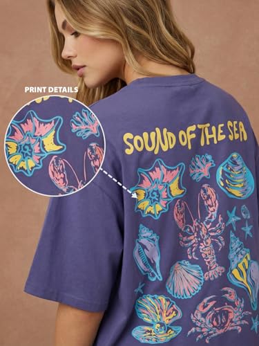 Image of JUNEBERRY Women's Pure Cotton Drop Shoulder Printed T-Shirt | Oversized Baggy Fit Half Sleeve Round Neck Graphic Tee (S-XXL)