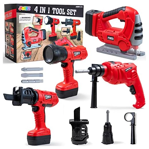 JOYIN 4-in-1 Realistic Construction Tool Toy Electric Tool Playset Construction Pretend Play STEM Tool Toy Kit with Working Functions Including Flashlight, Saw Tools and Electric Drill