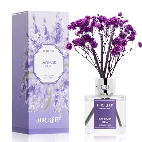 Image of Airkeep Reed Diffuser Set,1.69 fl oz (50 ml) - Lavender Field Oil Diffusers with 8 Reed Sticks,Home Fragrance Reed Diffuser for Bathroom Shelf Decor