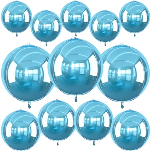 Image of 12PCS Light Blue Round Foil Balloons 22 inch 15 inch 10 inch Large Mylar Balloons | Shiny Blue 4D Ball Balloons for Birthday Party, Graduation, Wedding, Christmas, New Year, Disco Prom Party Decorations