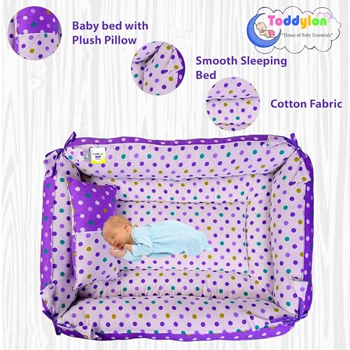 Image of Toddylon Baby Bed Bedding Set for New Born Baby | Bed Mattress | Mosquito Net | Neck | | Cotton | Travel Bed | Essentials | Toddlers | Infants | Baby Boy Girl (0-12 Months) Purple