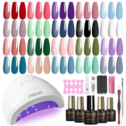 ROSALIND Kit Uñas Semipermanentes con 48W Lámpara, 20+4 Piezas Lampara uñas Semipermanentes Rojo Rosa Púrpura Azul Verde, Kit Pintauñas Gel Completo Lámpara UV Esmaltes Permanentes Regalos