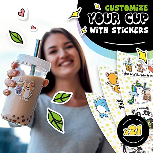 4-Pack Reusable Bubble Tea Cup Set – 22oz Glass Boba Tea Cups with Lids & Straws – Bubble Tea Gift Set Includes Recipe Book & Stickers - Reusable Boba Cup for Milk Tea & Smoothie & Iced Coffee