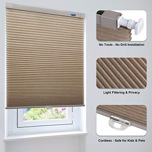 Lazblinds Cordless Cellular Shades No Tools No Drill Light Filtering Polyester Cellular Blinds For Window Size 23'' W X 64'' H, Mocha #TOP3