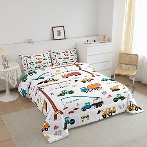 Excavator Comforter Set Twin, Tractor Machinery Trucks Bedding Set, Construction Vehicle Down Comforter for Kids Boys, Bulldozer Crane Equipment Truck Duvet Set 2Pcs Yellow Green Room Decor 2 51jbb9uBAaL. AC