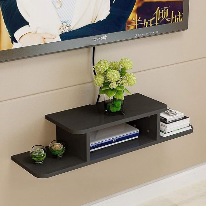 oxmic wooden tv unit shelf and wall mount rack with shelves (black)