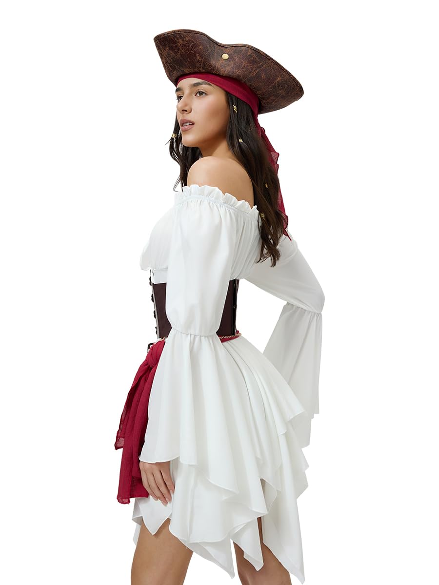 Disfraz Pirata Mujer Completo, Vestido Off Shoulder con Doble Capa + Corsé Ajustable + Pañuelo y Faja + Cadena Dorada y 40 Cuentas Trenzas para Carnaval y Fiestas
