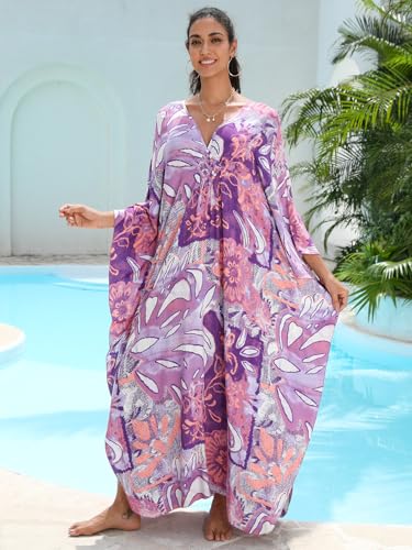 Image of IMAGEKOPE Women's Plus Size Animal Print V-Neck Batwing Kaftan Beach Dress Bathing Suit Cover-Up Loungewear