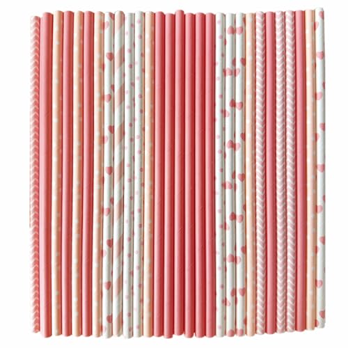 YAOSHENG Papierstrohhalme, 100-Metallfolie gestreift/gewellt/rosa Strohhalme, passend für Geburtstage, Hochzeiten, Bräute, Weihnachtsdekorationen und Partyzubehör (Deep Powder Series)