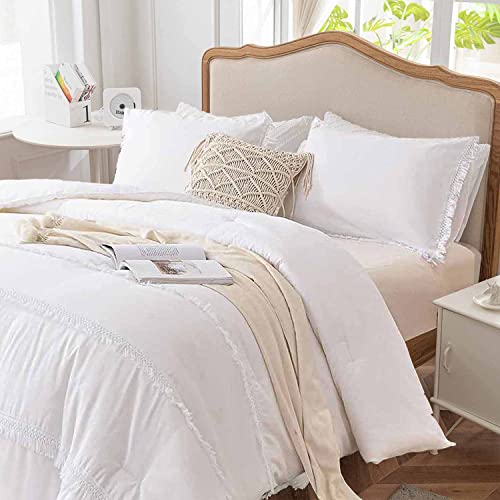 Tiffico Queen Size Comforter Set 3 Pcs, White Boho Tassel, Soft Chic Bohemian Bed Sets In A Bag - Down Alternative Filling Bedding Quilted Duvet For All Season, Size 90 X 90 Inch #TOP2