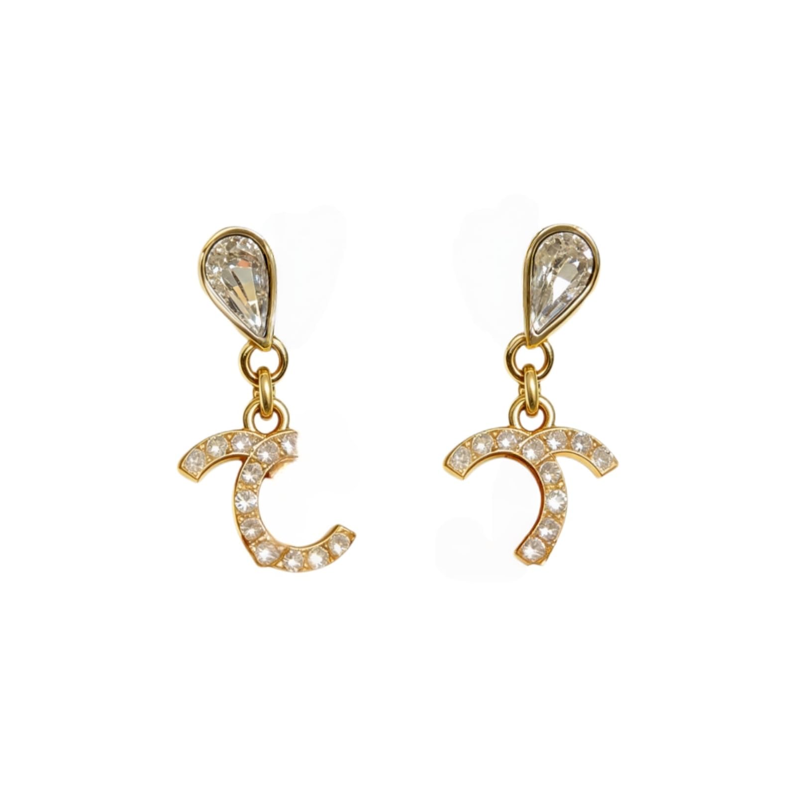 Crystal Heart Stud Drop Earrings, Charm, Rhinestone Embellished, Gold and Silver Tone.