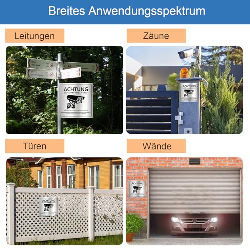 Holtrae 4 Stück Videoüberwachung Schild 15 x 15cm Schild Videoüberwachung Privatgrundstück Gebürstetes Aluminium Kameraüberwachung mit Selbstklebend Für Überwachungskamera Oder Kamera Attrappe