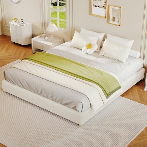 Queen Size Cloud Bed Frame，Teddy Fleece Low Bed Frame Without Headboard, Thick Boucle Fabric Upholstered Platform Bed, Solid Wood Legs, No Box Sprin