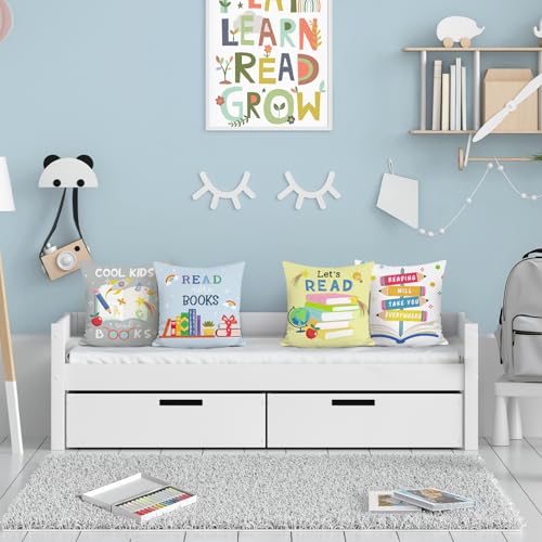 Bonhause Books Cushion Covers 45 x 45 cm Colorful Pencils School Decorative Throw Pillow Covers for Sofa Couch Bed Home Library Classroom Reading Corner Decor Set of 4 - Image 2