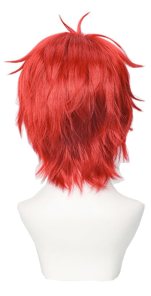 Red Cosplay Wig Mens Short Spiky Layered Hair with Bangs Heat Resistant Synthetic Wig for Costume Party (Red)